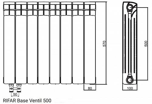 Rifar Base Ventil 500 14 секции биметаллический радиатор с нижним левым подключением
