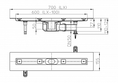 HL 50F/70 Плоский душевой лоток длиной 700 мм  с решеткой Стандарт длиной 600 мм