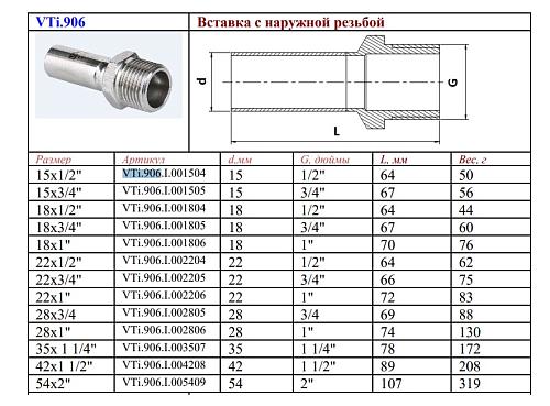 VALTEC 18 мм х 3/4" Вставка с наружной резьбой из нержавеющей стали