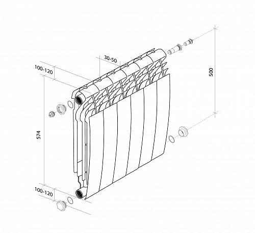 Royal Thermo Biliner 500 V Bianco Traffico /6 секции Биметаллический радиатор с нижним правым подключением