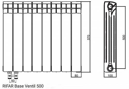 Rifar Base Ventil 500 21 секция биметаллический радиатор с нижним правым подключением