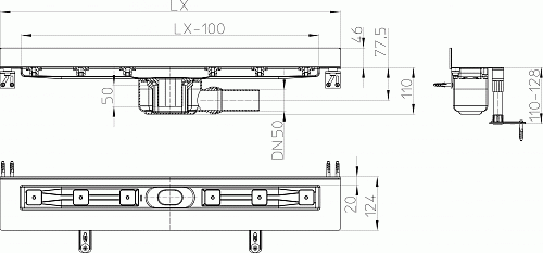 HL 50W.0/100 Угловой душевой лоток общей длиной 1000 мм без решётки